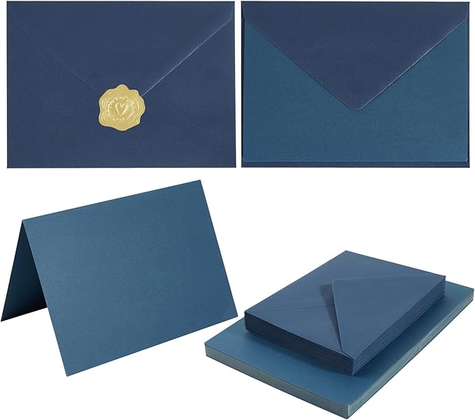 50 Pack Navy Blue A7 Envelopes with Cards 5x7 Thick Folded Cardstock and Gold Stickers for Greeting Cards, Wedding, Birthday, Invitations, Baby Showers (Navy Blue, 5x7)