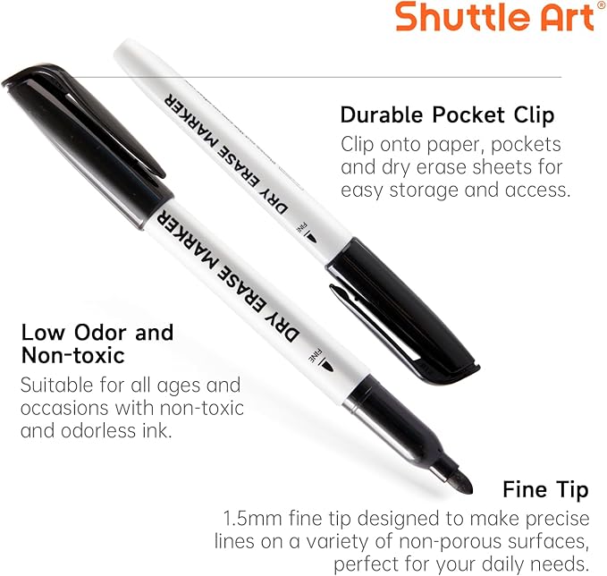 Shuttle Art Dry Erase Markers, 32 Pack Black Whiteboard Markers,Fine Tip Dry Erase Markers for Kids,Perfect for Writing on Whiteboards, Dry-Erase Boards,Mirror,Calender,School Office Supplies