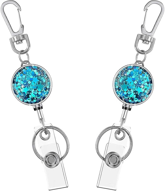 Glittery Retractable Keychain, Retractable Badge Holder, Retractable Badge Reels,Metal Badge Reel Card Holder with Key Ring for Nurse,Volunteer,Teacher,Student(2 Pack Bling Blue)