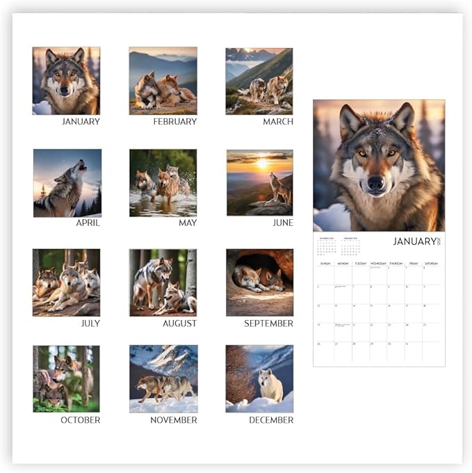 Wolf Calendar 2025 and Sticker Pack, Large 12 x 12 inch, Wolf Wall Calendar with Sticker Set, Gift for Wolf Lovers, Cute Calendar for girls or boys