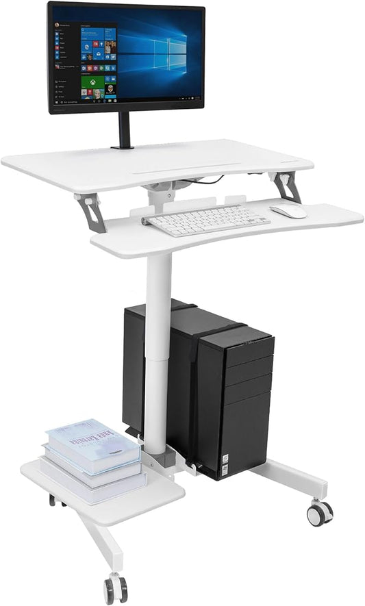 Mount-It! Mobile Rolling Small Table, Height Adjustable up to 43" Computer Desk with Wheels, Medical Nurse Hospital Workstation, Printer CPU Shelves, White Office Portable Computer Cart Keyboard Tray