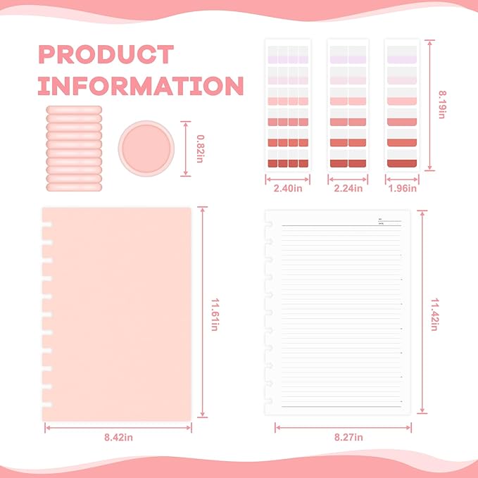 Discbound Notebook, 8-Disc Disbound Planner with Removable Pages, 180 Pages Spiral Notebook, Poly Cover Discbound Planner for Work, Travel, Note Taking(With Index Sticker),Pink,A4