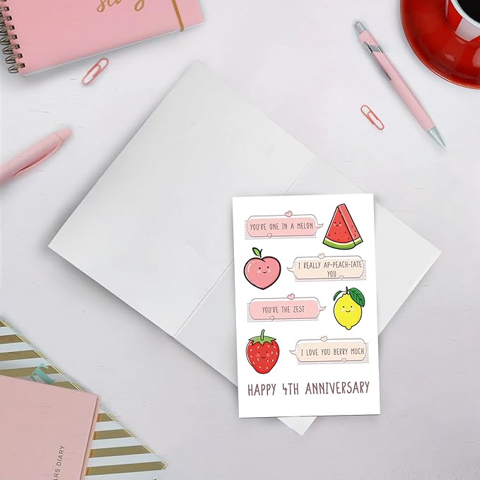 SuperShunhu Cute 4th Anniversary Card for Him & Her, Fruit Pun Anniversary Card Gift for Husband & Wife