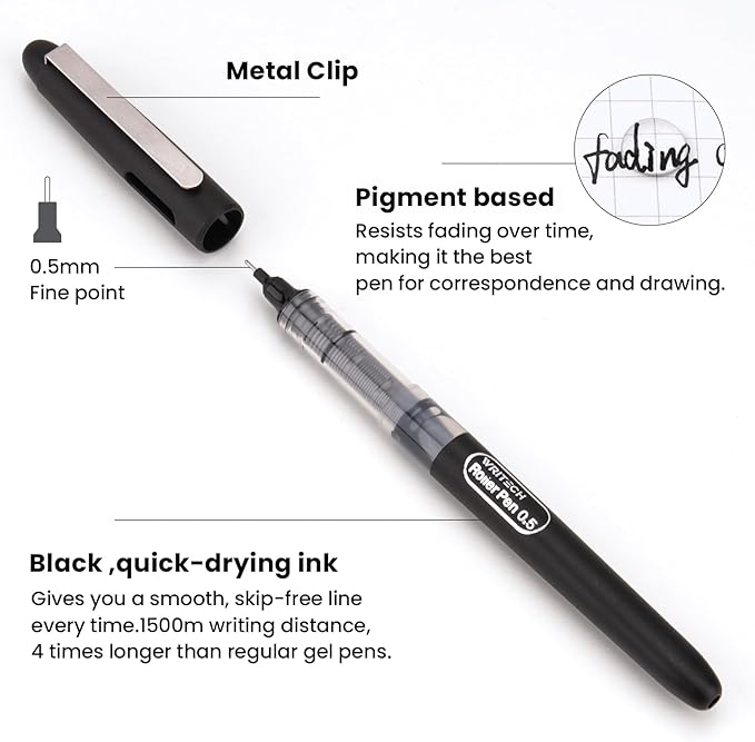WRITECH Liquid Ink Rollerball Pens: 0.5mm Extra Fine Point Tip Quick Dry Roller Pens 4ct Assorted Colors Ink for Writing, Taking Notes & Sketching Multi Colored