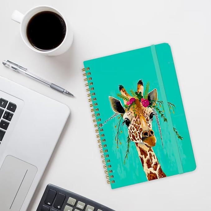 Spiral Notebook - A5 Spiral Notebooks, 8.3'' × 5.8'', 160 Pages, Aesthetic Journaling Notebooks for Women, College Lined Notebook with Elastic Closure, Back Pocket, for School Office, Giraffe