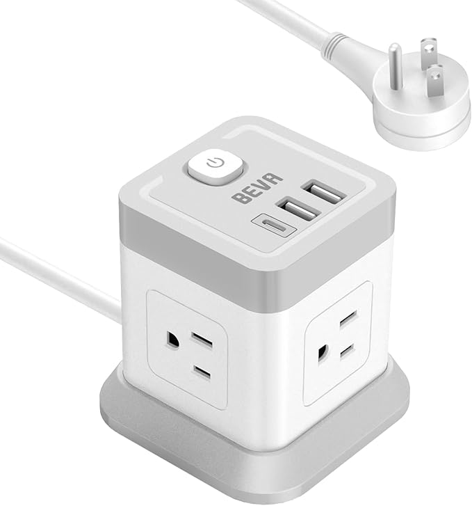 BEVA Power Strip with USB - 5ft Long Extension Cord Desktop Charging Station, Power Strip Cube with 4 Outlets and 3 USB Ports, Overload Protection, Compact for Travel, Cruise Ship, Office, Dorm Room