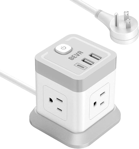 BEVA Power Strip with USB - 5ft Long Extension Cord Desktop Charging Station, Power Strip Cube with 4 Outlets and 3 USB Ports, Overload Protection, Compact for Travel, Cruise Ship, Office, Dorm Room
