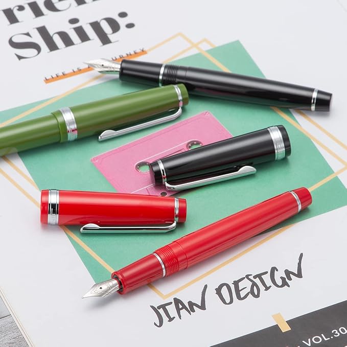 Jinhao 82 Red Acrylic Fountain Pen, Iridium Fine Nib Classic Design Smooth Writing Pen with Ink Converter (Silver Trim)