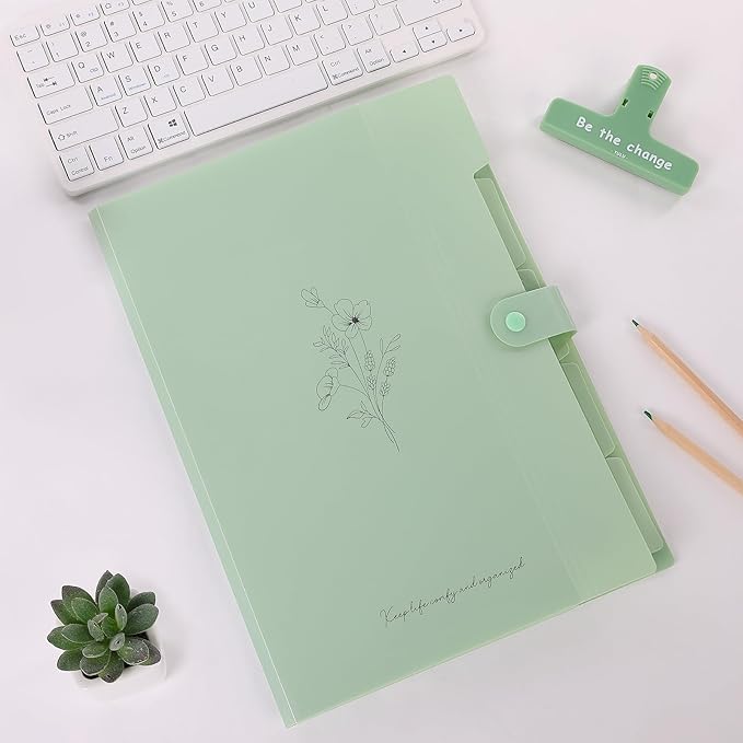 SKYDUE Expanding File Folder with 5 Pockets, Aesthetic Accordion File Organizer, Portable Document Paper Bill Receipt Organizer, School Office Supplies, Letter/A4 Size, (1, Pea Green)