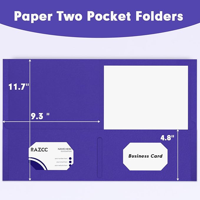 Two Pocket Folders, RAZCC 50 Pack 2 Pocket Folders Fit Letter Size Paper, Paper Folders with Pockets for School Office Business Home, Purple