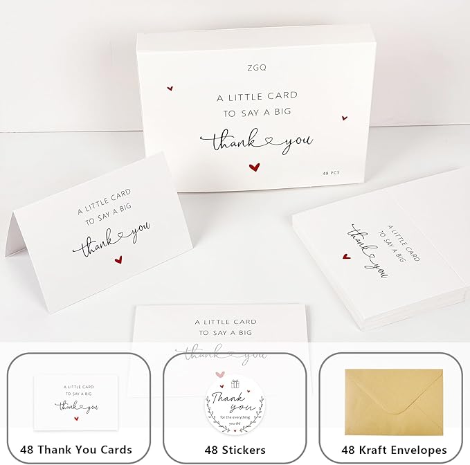 48 Pack Thank You Cards with Envelopes & Stickers, 4×6 Cute Blank Greeting Cards for Baby Shower & Wedding，Boxed Bulk Thank You Notes for Graduation Teachers Business Coworker Employee Appreciation