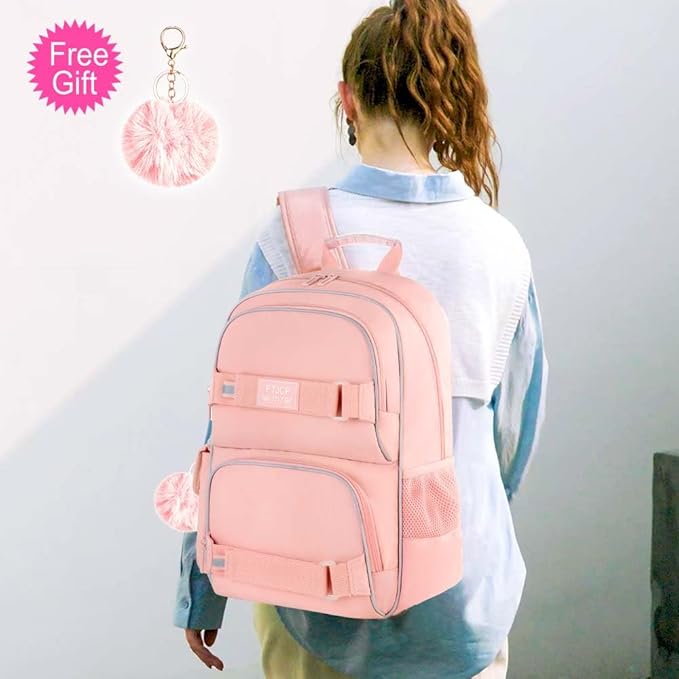 3PCS Laptop Backpack for Girls, 17" Water Resistant School Bag with Lunch Box, Cute Pink Bookbag Set for Women College Teenagers High Middle Elementary School