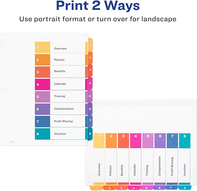 Avery 8 Tab Dividers for 3 Ring Binders, Customizable Table of Contents, Multicolor Tabs, 1 Set (11133)