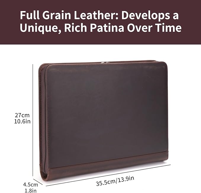 Personalized Genuine Leather Portfolio Binder, Zippered Padfolio for Men Women, Business Folio with 8.5” x 11” Notebook Holder and 13” Laptop Sleeve, Professional Folder, Dark Brown