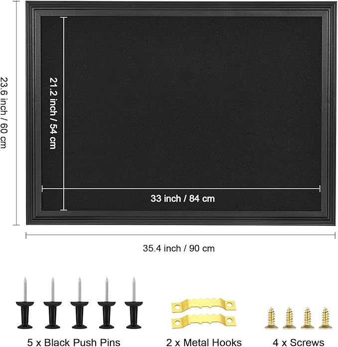 Bulletin Board with Felt, Black Wood Framed Display Bulletin Board for Walls with Pins, Eye Bolts, gaskets, Screws, Pin Board for Office, School and Home(MZB-BK,6090,1P)