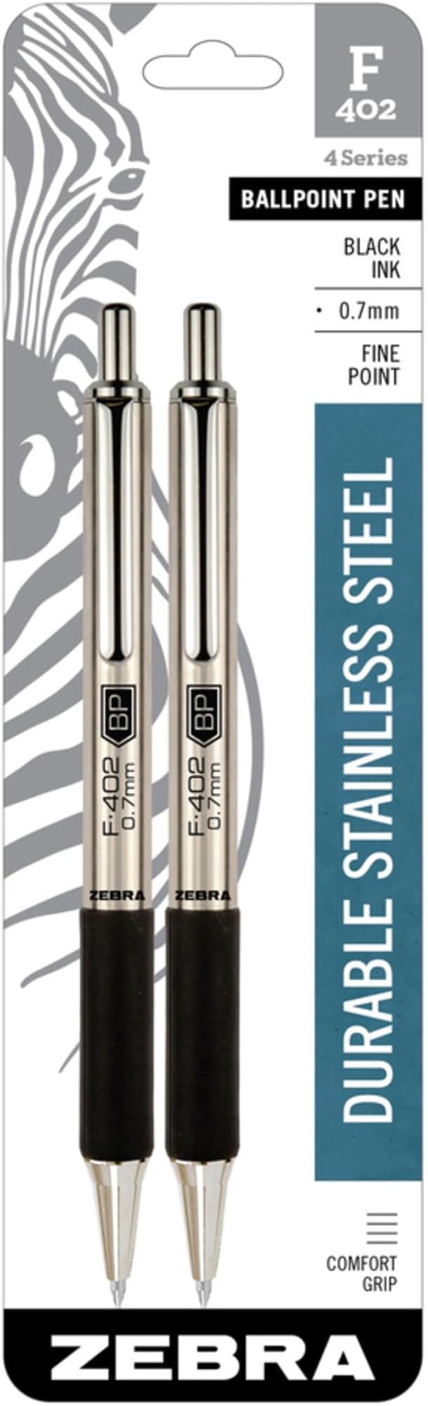 Zebra Pen F-402 Retractable Ballpoint Pen, Stainless Steel Barrel, Fine Point, 0.7mm, Black Ink, 2-Pack