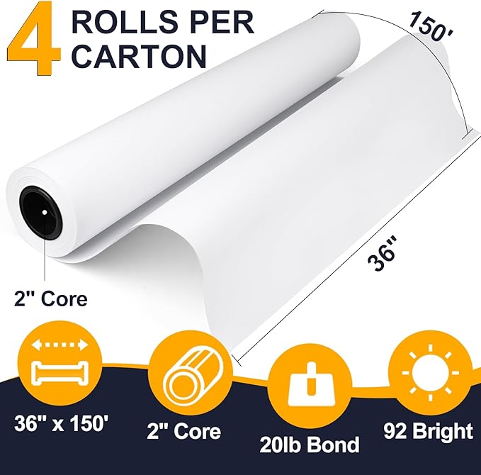 VOISEN Wide Format Paper,4 Rolls Plotter Paper 36 In x 150 Ft, 20lb CAD Bond Rolls on 2" Core for CAD Printing on Wide Format Ink Jet Printers