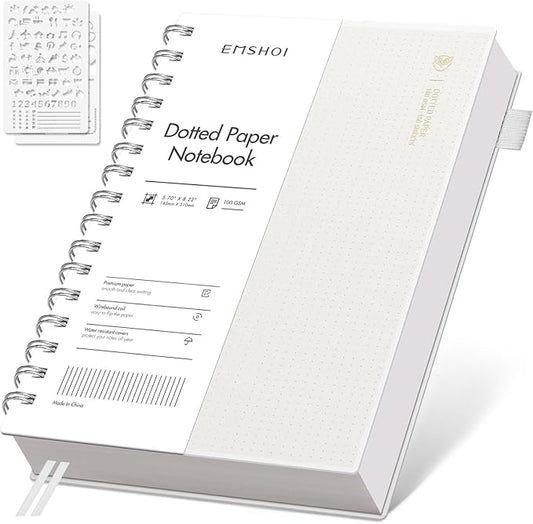 EMSHOI Spiral Notebook Bullet Dotted Journal, A5 Dotted Grid Notebook with 300 Pages, 100gsm Thick Paper, Waterproof Softcover Notebook for School Work Writing, 5.7" × 8.22" - Transparent