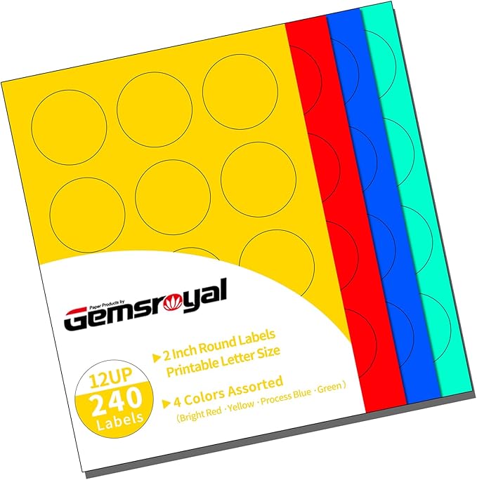 2 Inch Colored Round Labels,4 Colors Assorted(Red,Yellow,Blue,Green),20 Sheets,240 Tags in Total,Color Coding Labels for Laser/Inkjet Printers,2" Colorful Dot Stickers,Letter Size