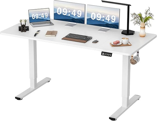 Furmax Electric Height Adjustable Standing Desk Large 63 x 24 Inches Sit Stand Up Desk Home Office Computer Desk Memory Preset with T-Shaped Metal Bracket, White