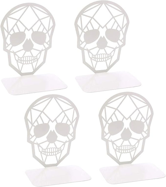 Metal Skull Design White Bookend - Heavy-Duty Bookends for Shelves, Skull Book Ends for Heavy Books, Book Shelf Holder Home Office Decorative Desktop Organizer (2 Pair-White)