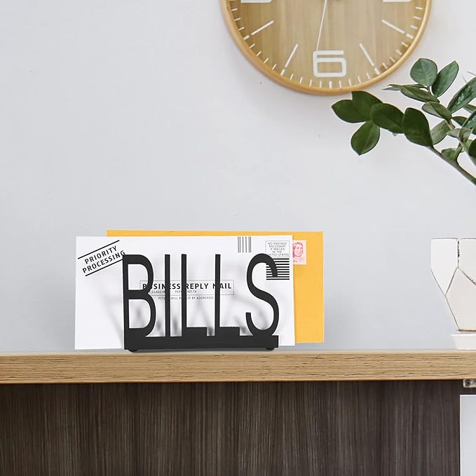 MyGift Black Metal Desktop Mail Sorter Organizer with Bills in Block Cut Out Letter Design