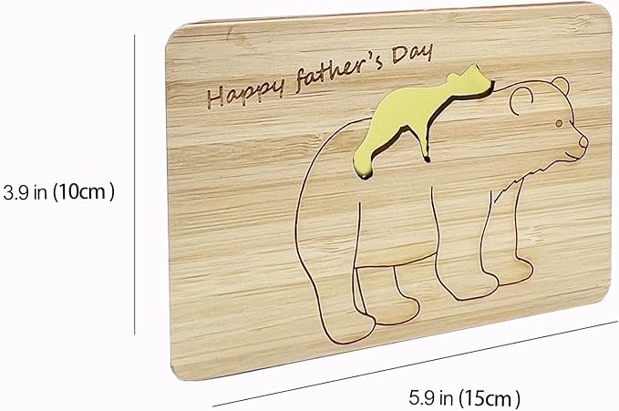 Fathers Day Cards,Handmade Bamboo Greeting Cards,Wooden Thankyou Card,Father's day Card for Dad,Bear dad
