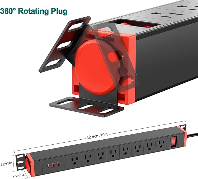 QBA 8 Outlet Heavy Duty Power Strip with USB Ports, Rack Mount Surge Protector with 360° Rotating Brackets, USB C PD 20W, Wall Mount Power Strip for Home Office Garage Workshop