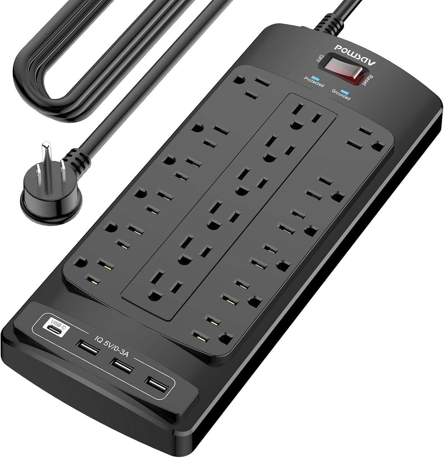 18 Outlets Surge Protector Power Strip - 20 Feet Flat Plug Heavy Duty Extension Cord with 18 Widely Outlets and 4 USB Ports, 2100 Joules, Black, ETL Listed