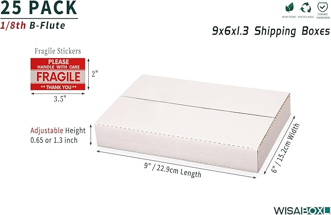 9x6x1.3 inch DVD Shipping Boxes, Multi-Depth Small Box for Mailing, Storing, Package, Gifts, Crafts, Business or Home, with Fragile Stickers, White, 25-Pack