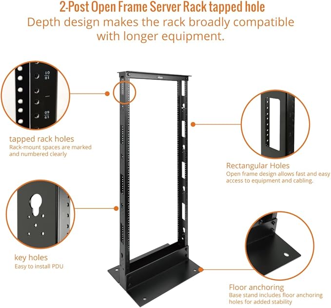 2-Post 27U Open Frame Server Rack for 19in AV/Data/IT Network Equipment,with Tapped Hole