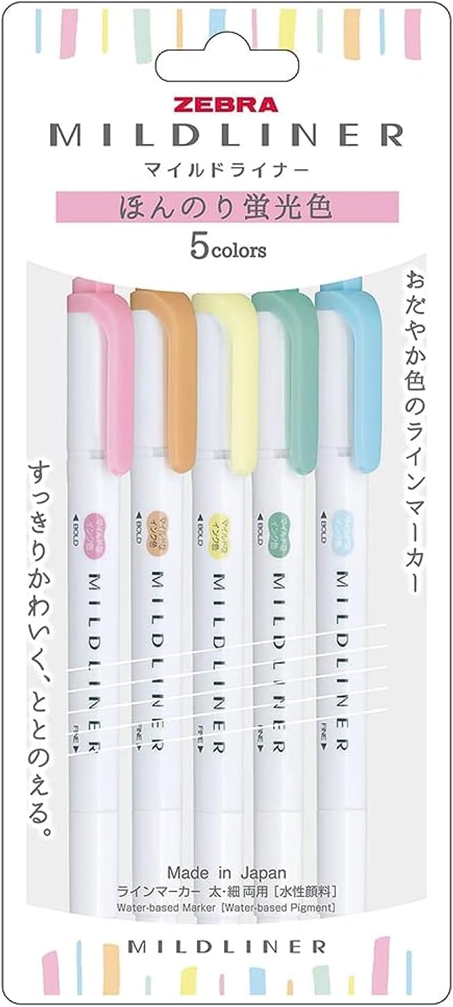 ZEBRA WKT7-5C-N Highlighter, Mildliner, Faint Fluorescent Colors, 5 Colors