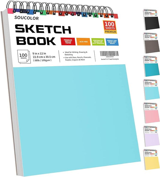 Soucolor 9" x 12" Sketch Book, 1-Pack 100 Sheets Spiral Bound Art Sketchbook, Acid Free (68lb/100gsm) Artist Drawing Book Paper Painting Sketching Pad for Kids Students Adults Beginners