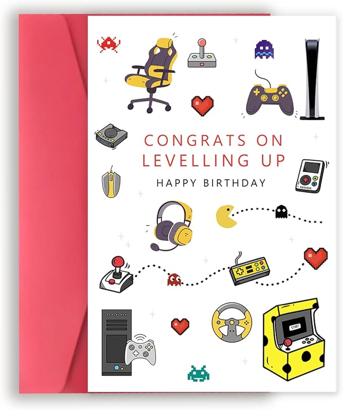 Happy Birthday Gaming Letterpress Card for Him Her, Funny Gamer Birthday Card for Son Daughter, Unique Game Boy Birthday Card, Game Birthday Party Decorations for Brother Boyfriend Husband