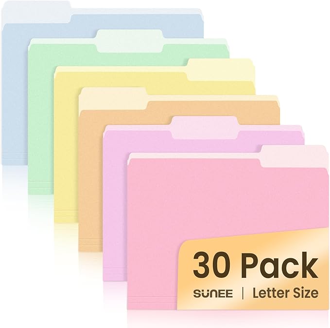 SUNEE File Folders, 30 Pack Manilla Folders 8.5 x 11, Colored File Folders Home Office School Supplies for Documents Files Paper, 6 Bright Colors