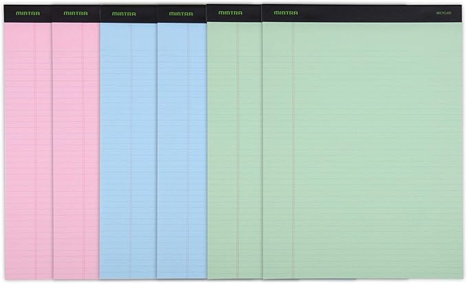 Mintra Office Recycled Writing Pads 6pk (Pastel, Narrow Ruled (8.5in x 11in)) - 50 Sheets per Notepad, Micro perforated, Legal Pad, Notebook Paper for School, College, Office, Business