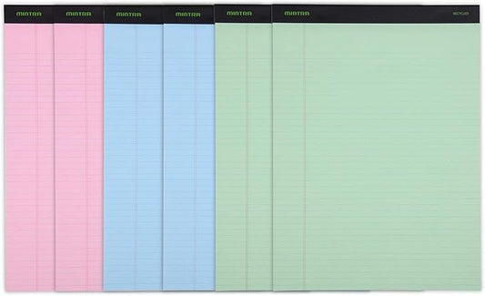 Mintra Office Recycled Writing Pads 6pk (Pastel, Narrow Ruled (8.5in x 11in)) - 50 Sheets per Notepad, Micro perforated, Legal Pad, Notebook Paper for School, College, Office, Business