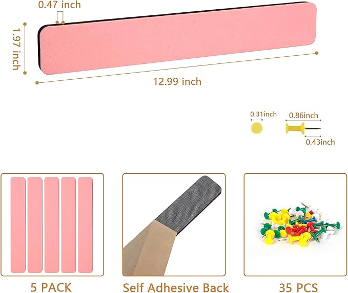 Felt Pin Board Bar Strips Bulletin Board for Bedrooms Offices Home Wall Decoration, Notice Board Self Adhesive Cork Board with 35 Push Pins for Paste Notes, Photos, Schedules