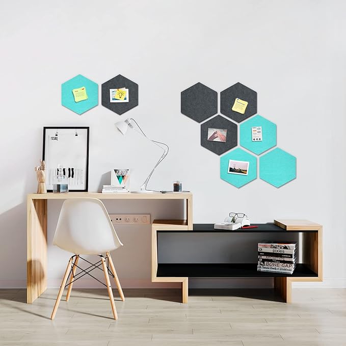 12" Large Bulletin Board with 30 Push Pins, Pack of 8 Hexagon Felt Pin Board Notice Boards for Home Office, Felt Wall Tiles for Photos Memos