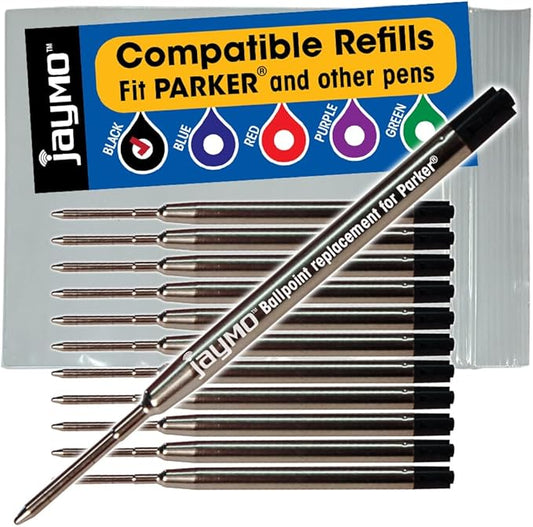 Jaymo Replacement for Parker 1950369 and Bastion - Measures 3.875 in / 98 mm Long - G2 Ballpoint Pen Refill - 12 Black