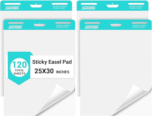 Sticky Easel Pad, 25 in x 30 in,Flip Chart Paper,Sticky Chart Paper for Teachers, Large Self-Stick Easel Paper,Super Sticky & Bleed-Resistant,30 Sheets/Pad,4 Pads