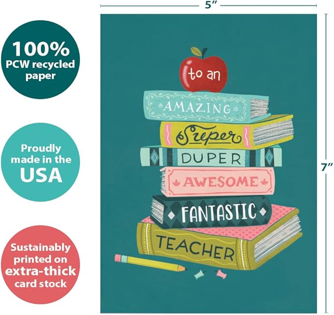 Tree-Free Greetings Teacher Appreciation Cards - Artful Designs - 1 Card + Matching Envelopes - Made in USA - 100% Recycled Paper - 5"x7" - Lighthearted, For Teacher, Awesome Fantastic Teacher (GO64426)