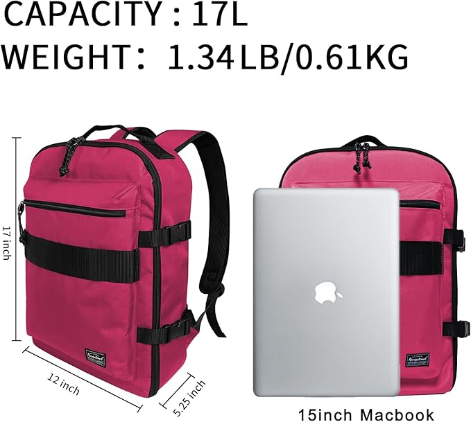 Travel Backpack 17L Lightweight Casual Small Carry-on Daypack 15-inch Laptop Notebook, Underseat Overnight Weekender, Rasberry