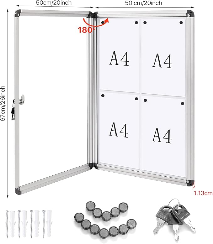 SWANCROWN Enclosed Bulletin Board Magnetic Dry Erase Noticeboard Lockable Display Boards White with Aluminium Frame 26x20inch(4xA4)