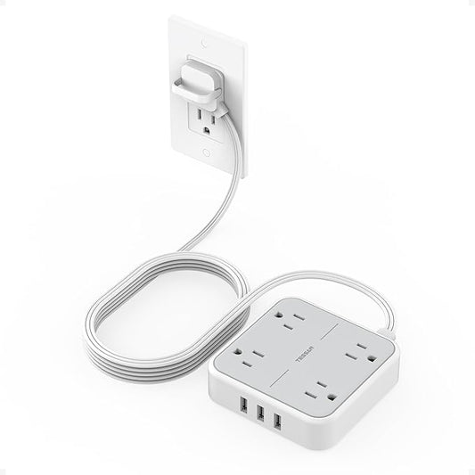 Surge Protector Power Strip, TESSAN 10 FT Extension Cord with 3 USB A Wall Charger, Ultra Thin Flat Plug with 4 Outlets, Slim Desktop Charging Station for Office, School, Home, Dorm Room Essentials