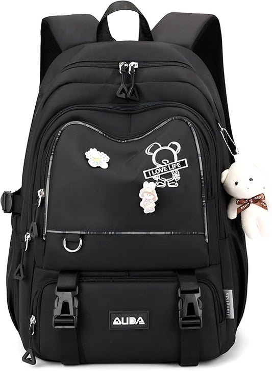 Cute School Laptop Backpack with Large Capacity Multiple Pockets for Girls Travel Friendly with Luggage Strap Accessory Included (Black)