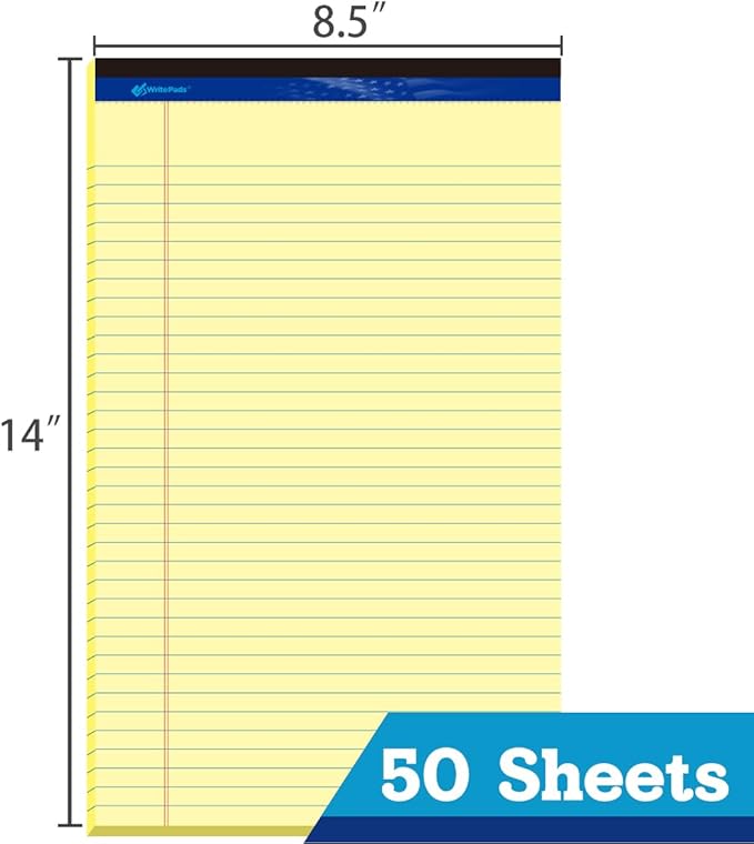 8.5"x14" Legal Pads,Wide Ruled,Canary Paper,12 Pack,50 Sheets Per Writing Pad,Micro perforated Writing Pad,BL-LCY50W-12PAD