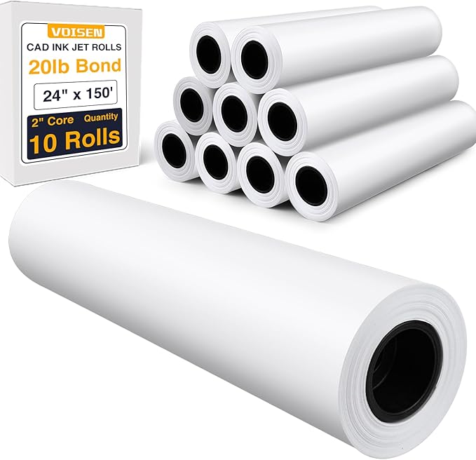 VOISEN Wide Format Paper,Plotter Paper 24 In x 150 Ft 10 Rolls, CAD Bond Rolls,20lb Bond Paper on 2" Core for CAD Printing on Wide Format Ink Jet Printers