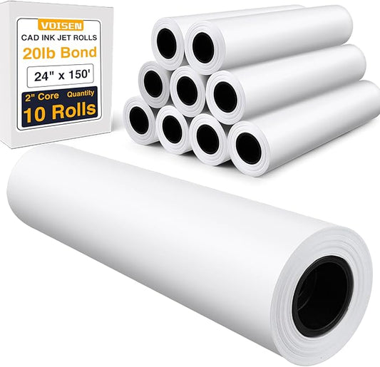 VOISEN Wide Format Paper,Plotter Paper 24 In x 150 Ft 10 Rolls, CAD Bond Rolls,20lb Bond Paper on 2" Core for CAD Printing on Wide Format Ink Jet Printers