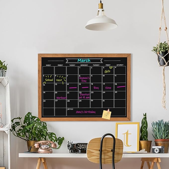 Calendar Chalkboard, 17.7" * 23.6", Magnetic Surface Rustic Brown Solid Pine Wood Frame Chalk Board for Planning/School Timetable/Memo, Hanging Board for Office, School and Home(YLHB-QZ-4560)